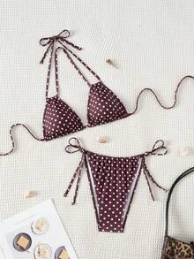 Bonvoyette 两件套女士印花比基尼泳衣，性感露背扎染波点沙滩装，适合游泳、度假、泳池派对 - 中紫紅色 - 查看 6