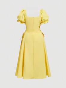 SHEIN MOD 大码女式黄色泡泡袖系腰中长连衣裙，优雅浪漫复古风，春夏女装，浪漫优雅度假派对中长连衣裙，夏季假日装，优雅派对，奢华晚宴，仪式，海滩度假装，女式度假装，优雅女士仪式礼服，婚礼宾客礼服，奢华晚礼服，正式礼服，毕业典礼礼服，黄色连衣裙，柠檬黄连衣裙，泡泡袖连衣裙，田园风连衣裙 - 黃色 - 查看 5