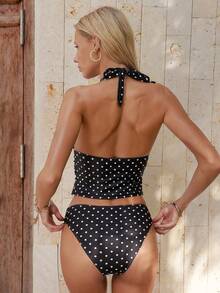 Sweetra Women's Colorblock Polka Dot Print Camisole Tankini - Black and White - View 2