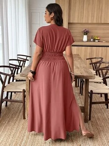Breezaya Plus Size Women Deep Shirred Cinched Waist High Slit Dress - Redwood - View 2