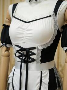 Fantasy Costume Bộ trang phục 5 món màu đen trắng gồm áo liền quần, tạp dề, băng tay và vòng cổ, trang phục hóa trang dành cho nữ. - Đen và trắng - Xem 8