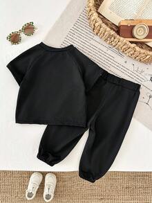 SHEIN 女嬰 2件/套 黑粉色套裝 夏季休閒度假運動日常風格 刺繡短袖泡泡袖圓領上衣&長褲 - 黑色 - 查看 2