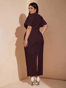 SHEIN BAE 大码女式纯色简约短袖休闲连衣裙 - 酒紅色 - 查看 2