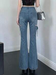 FRIFUL Quần jeans ống loe khoét lỗ, thắt nút, phong cách thường ngày dành cho nữ, thích hợp đi làm đường phố. - Màu xanh lam - Xem 7