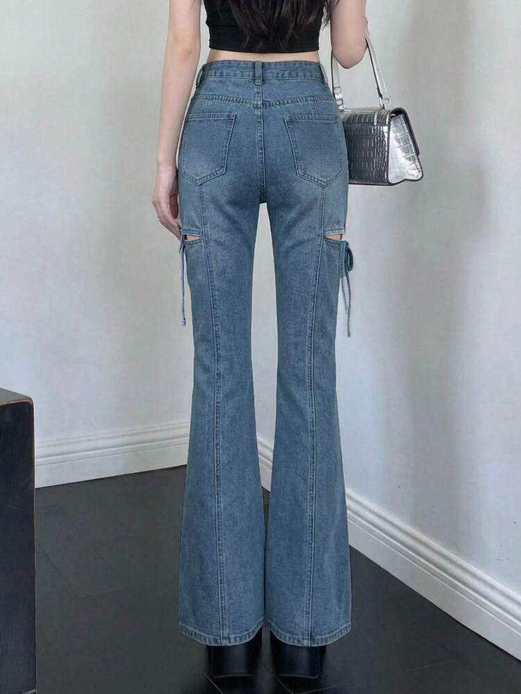 Women's Hollow Lace-Up Casual Flare Jeans