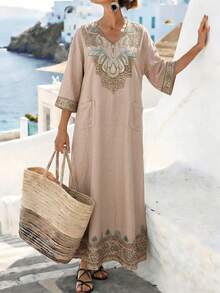 Breezaya 女士休闲度假波西米亚风V领印花宽松舒适夏季居家日常外出超长连衣裙，女士度假装，女士夏季连衣裙，春夏过渡款，休闲长裙，女士休闲装 - 藕粉色 - 查看 5