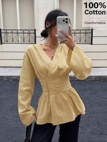 Siren Gaze 100%纯棉收腰V领喇叭袖衬衫，柔软亲肤，适合工作和度假穿着，优雅女士秋季衬衫 - 淡黃色 - 查看 1