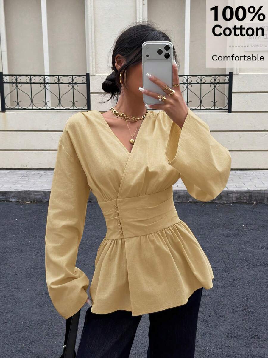 Siren Gaze 100%纯棉收腰V领喇叭袖衬衫，柔软亲肤，适合工作和度假穿着，优雅女士秋季衬衫 - 淡黃色 - 查看 1