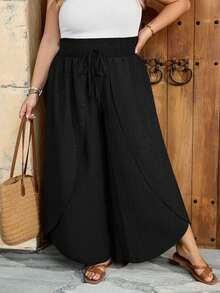 SHEIN CURVE+ Quần ống loe dáng suông, size US22, thích hợp cho các lễ hội âm nhạc, kỳ nghỉ biển, phong cách bohemian, màu trơn, thời trang thường ngày, phù hợp mặc mùa hè. - màu đen - Xem 4