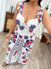 Weeklong Ensemble 2 pièces grande taille pour femmes, comprenant un débardeur à nœud papillon élégant et des pantalons droits à jambes larges imprimés, idéal pour les sorties décontractées, les vacances, les festivals de musique bohèmes, les fêtes d'été et les tenues modernes - Multicolore - Voir 5