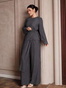 Graceveil Women's Blue White Stripe Autumn Elegant Office 3 Pieces Set Round Neck Long Sleeve Top Wide Leg Pants Business Casual Co Ords Terno Blouse Outfit - Green - View 6