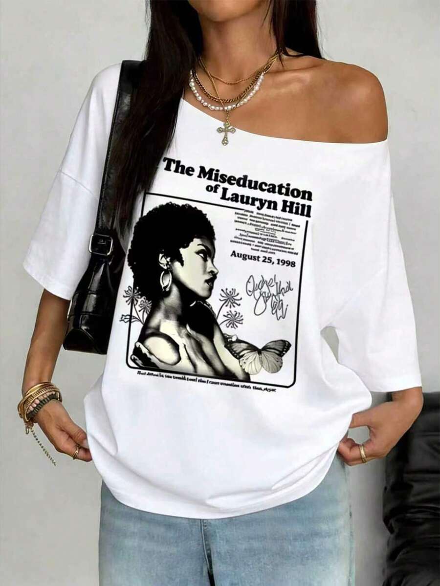 INAWLY Áo thun ngắn tay in họa tiết lệch vai dành cho nữ cỡ lớn - trắng - Xem 1