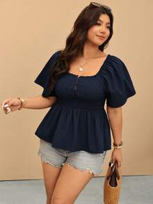 Elaquor Plus Size Women Vacation Solid Color Square Neck Button Down Shirred Ruffle Hem Blouse - Navy Blue - View 4