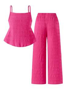 SHEIN Sparklyn Tween Girls' Casual Sweet Hot Pink Summer Tropical Vacation Holiday Textured Bubble Crinkle Fabric Camisole Top & Loose Wide Leg Pants 2 Pieces Set - Pink - View 2