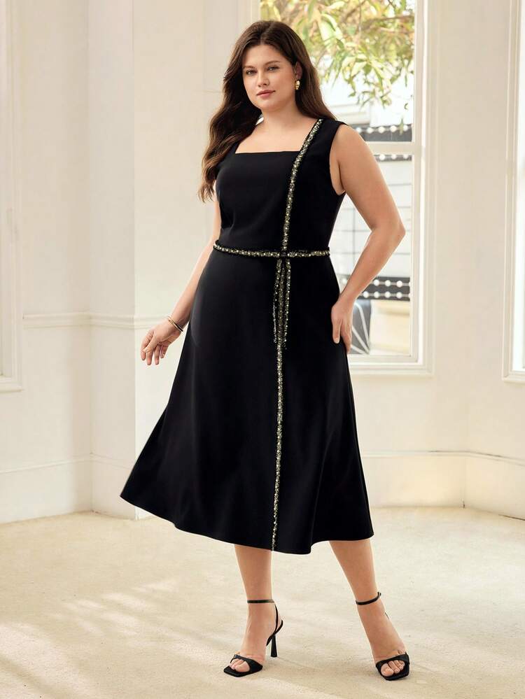PLUS SIZE WOMEN ELEGANT RHINESTONE DECOR A-LINE MIDI DRESS