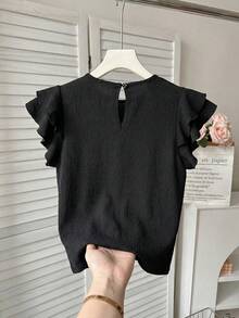 少女白色纹理编织圆领褶皱荷叶边泡泡袖修身休闲衬衫，度假风，法式优雅，适合春季外出和返校穿着 - 黑色 - 查看 2