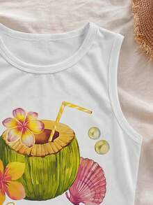 SHEIN 这款时尚休闲的度假风背心适合女孩和年龄稍大的儿童穿着。它采用圆领无袖设计，面料舒适、弹力十足且透气。清爽的椰子图案营造出轻松惬意的海滩度假氛围。适合日常穿着、外出、聚会、海滩、旅行等各种场合。是一款高品质、百搭的夏季单品。 - 白色 - 查看 7