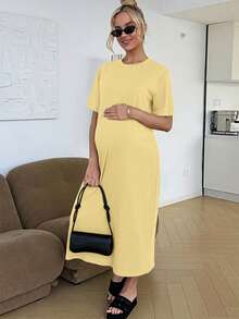 SHEIN Đầm ngắn tay dáng rộng màu trơn, thoải mái dành cho bà bầu, thích hợp mặc hàng ngày vào mùa hè. - Màu vàng - Xem 8