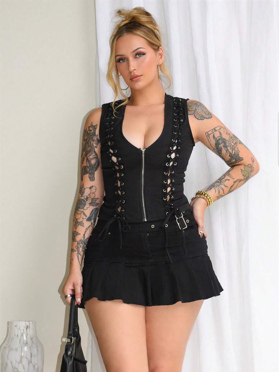 Arliah Y2k 女士黑色哥特性感纯色钥匙孔系带拉链前开襟修身背心 - 黑色 - 查看 1