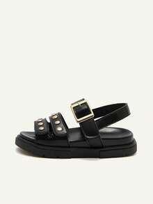 Cozy Pixies A Pair Of Fashionable Versatile Retro Roman Sandals, Girls' Black Rivet Open-Toed Sandals, Cool Summer Soft-Soled Versatile Princess Shoes, - Black - View 8