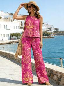 Selamara 2pcs/Set Summer Fashion Printed Sleeveless Top And Wide Leg Pants - Hot Pink - View 4