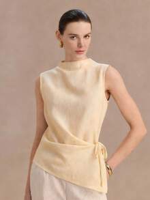 Uhlyne Áo kiểu nữ thanh lịch, không tay, chất liệu giả vải lanh, thắt nơ phía trước, xếp ly, thích hợp cho mùa xuân, hè và thu. - Vàng nhạt - Xem 5