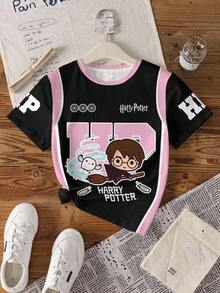 HARRY POTTER X SHEIN 少女休闲圆领卡通字母印花短袖T恤，百搭日常穿着 - 白色 - 查看 7