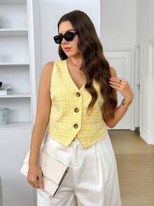 Easowa Curve Cămașă fără mâneci, stil casual de vară, model jacquard, cu nasturi în față, mărime plus - Multicolor - Vizualizare 8