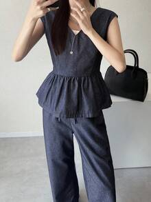 FRIFUL Bộ áo gile và quần jean cổ chữ V dành cho nữ - Màu xanh lam - Xem 4