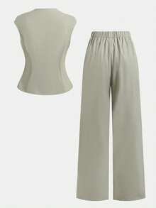 SHEIN 少女T恤套装，优雅简约休闲通勤日常金属扣短袖露脐上衣搭配高腰阔腿裤，杏色、橄榄绿、深绿色可选 - 薄荷綠 - 查看 2
