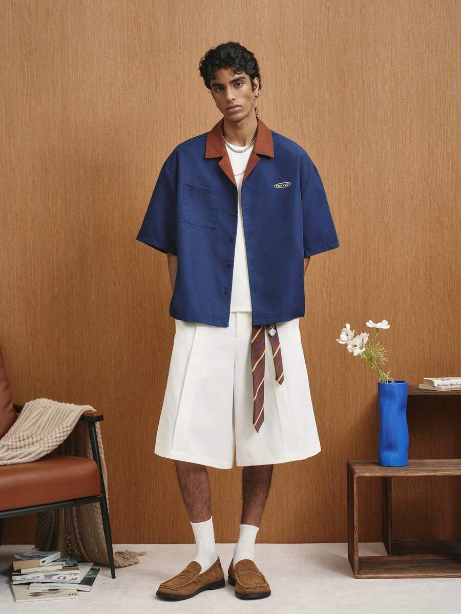 TOKVUE 男士撞色字母印花单排扣休闲短袖衬衫