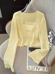 K-Vae Áo khoác cardigan mỏng nhẹ, tinh tế dành cho nữ, kiểu dáng ngắn cài khuy ngọc trai, thích hợp cho mùa hè. - Màu vàng - Xem 2