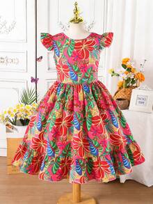 SHEIN 少女碎花印花露背蝴蝶结设计短袖收腰连衣裙 - 彩色 - 查看 2