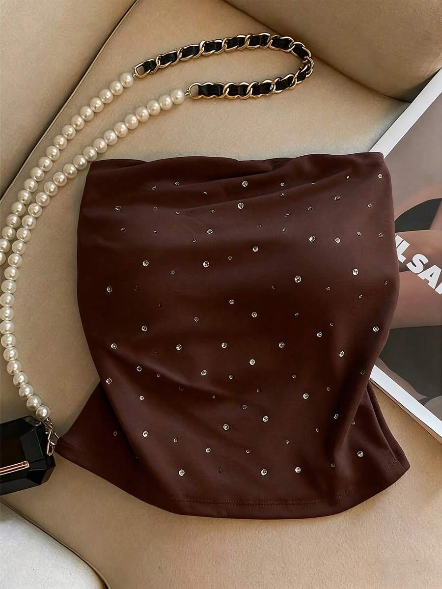 Women's Rhinestone Embellished Fitted Bandeau Top - Coffee Brown - View 1