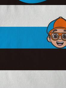 Blippi X SHEIN Young Boy Striped & Cartoon Character Print Round Neck Short Sleeve T-Shirt - White - View 4
