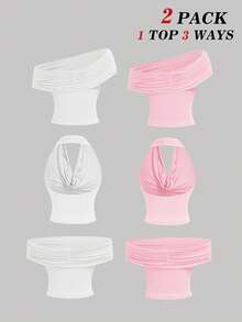 SHEIN MOD 2件套三穿女式休闲纯色修身上衣，C - 淺粉色 - 查看 2