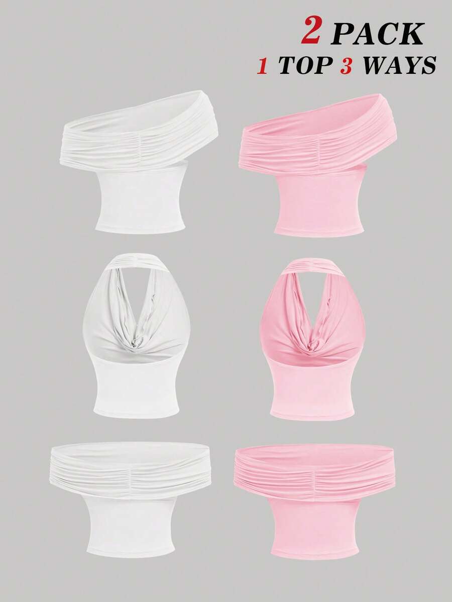 SHEIN MOD 2件組 女款三種穿法休閒純色修身上衣,彈性無肩帶瑜伽多件組,白色與粉色,夏季性感時尚 Y2K 外出襯衫 - 淺粉色 - 查看 1