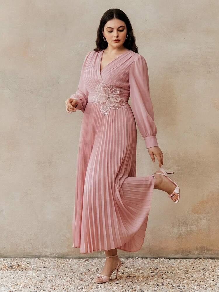New Spring Pink Women's Long Sleeve Cross Neck Waist Tie Floral Design Pleated Plus Size Dress
