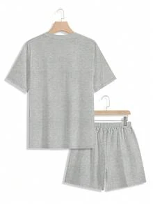 Manfinity RSRT Ensemble décontracté quotidien, vacances, composé d'un t-shirt à col rond à manches courtes avec imprimé lettres et d'un short pour homme - Multicolore - Voir 4