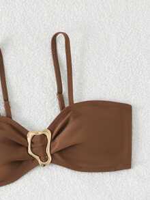 SHEIN Teen Girls' Swimsuit Black Bikini Three Pieces Beachwear - Khaki - View 4