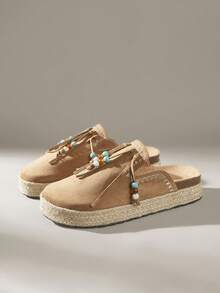 Solecia Solid Color Spring And Summer Daily Fashion Comfortable Casual Fringed Decorative Flats - Brown - View 2
