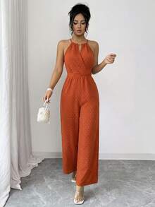 Franclia Bộ jumpsuit nữ kiểu dáng cổ điển thanh lịch, cổ yếm, thắt chéo eo, ống rộng, thích hợp cho buổi hẹn hò ngày Valentine, kỳ nghỉ hè, tụ họp bạn bè hoặc đi làm hàng ngày. - trái cam - Xem 5