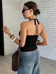 Cévolie 女士夏季新款性感修身蕾丝吊带背心 - 黑色 - 查看 2