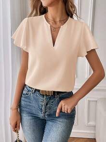 SHEIN Essnce Áo sơ mi nữ cổ chữ V màu trơn, kiểu dáng thường ngày, thích hợp đi làm. - Màu be - Xem 5