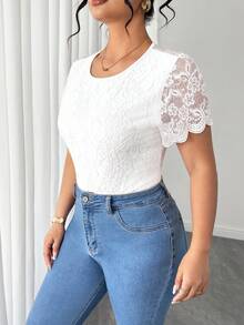 SHEIN Clasi Plus Size Round Neck Lace Back Decor Open Back Tie Rib Patchwork Bodysuit Wedding Night Party All White Summer Sexy 70's - White - View 8
