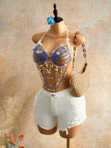 Mistrie Women's Blue Shell Crystal Beaded Halter Top, Seductive Summer Beach Vacations, Y2K Rhinestone Concert Club Wear, Belly Dancer Top - Blue - View 7