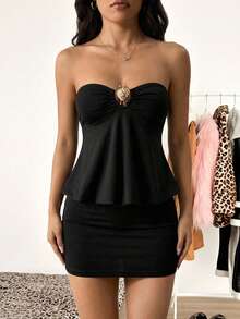 SHEIN PETITE Vestido mini sexy sin tirantes para mujer, verano, vestidos de verano para mujer, mujer pequeña - Negro - Ver 5