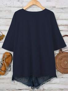 EMERY ROSE Women's Casual Loose V-Neck Short Sleeve T-Shirt, Spring/Summer - Navy Blue - View 2