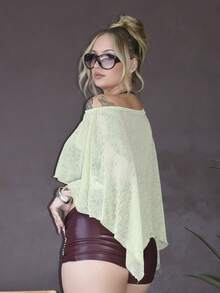 Arliah 女式休闲宽松不对称下摆衬衫，夏季款式 - 青檸色 - 查看 3