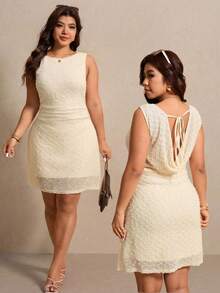 Elaquor 大码夏季连衣裙，复古浪漫连衣裙，露背设计，无袖，A字迷你连衣裙 - 杏色 - 查看 1